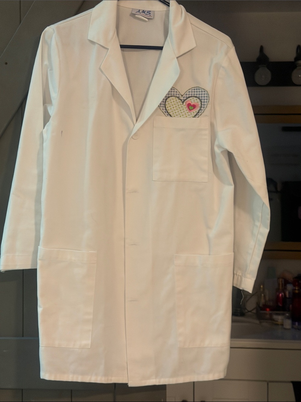 Women’s White Button-Down Lab-Style Shirt with Heart Pocket Detail
